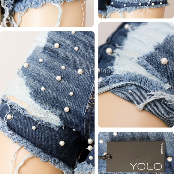 Last☝️Blue Pearl Distressed Fray High Waist Shorts - Picture 3 of 8